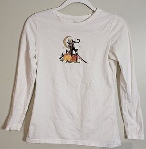 Ladies White Long Sleeve Shirt with Halloween Theme, Size Small